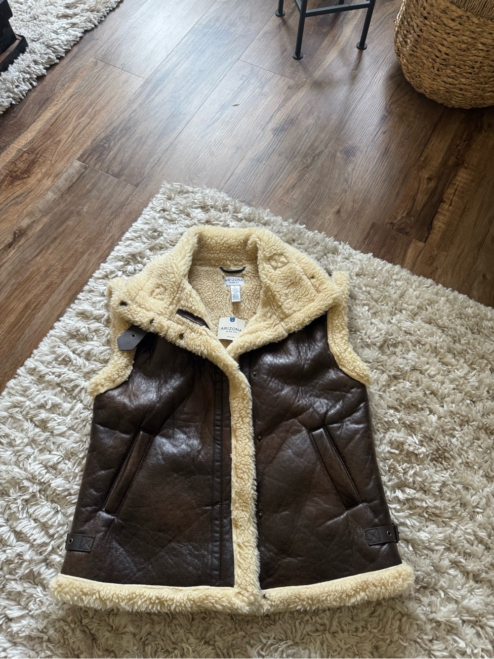NWT Arizona Jean Company Sherpa-Lined Faux Leather Vest - Brown/Cream